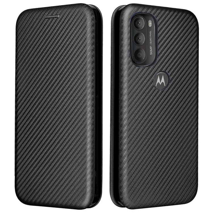 Carbon Fiber Texture Foldable Stand PU Leather Cover Folio Flip Phone Case with Card Slot for Motorola Moto G71 5G - Black