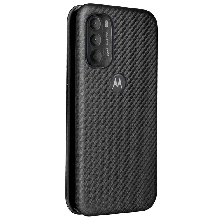 Carbon Fiber Texture Foldable Stand PU Leather Cover Folio Flip Phone Case with Card Slot for Motorola Moto G71 5G - Black