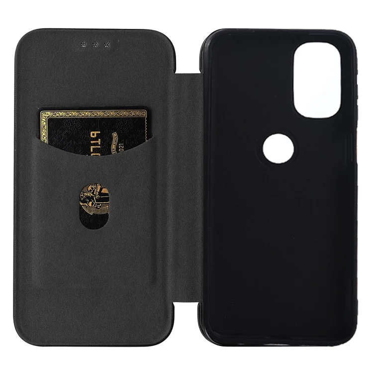 Carbon Fiber Texture Foldable Stand PU Leather Cover Folio Flip Phone Case with Card Slot for Motorola Moto G71 5G - Black