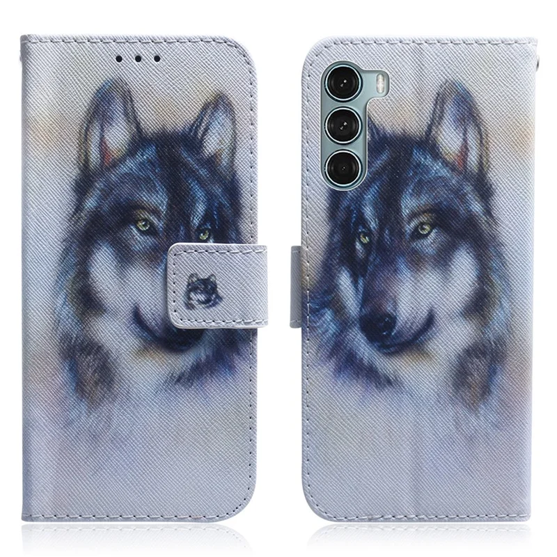 Pattern Printing Wallet Stand Folio Flip PU Leather + TPU Dual Protective Phone Case for Motorola Moto G200 5G - Wolf