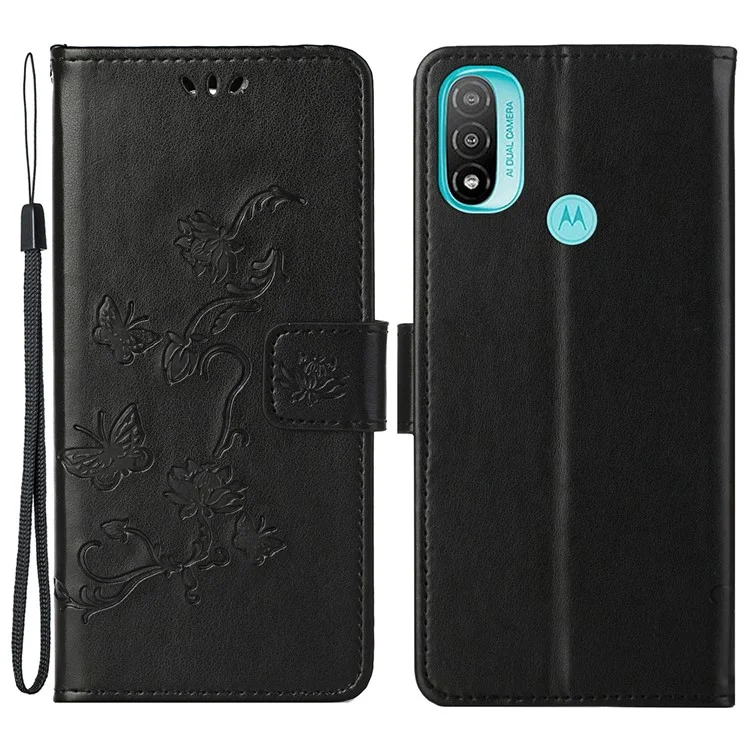 Imprinted Butterflies Flower PU Leather Scratch-resistant Wallet Function Phone Case Stand Shell for Motorola Moto G71 5G - Black