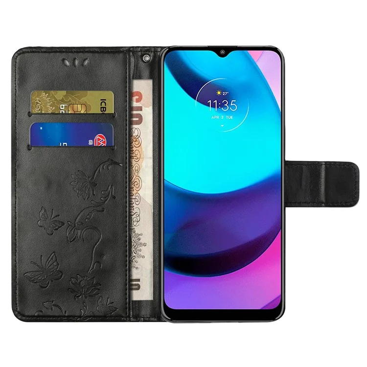 Imprinted Butterflies Flower PU Leather Scratch-resistant Wallet Function Phone Case Stand Shell for Motorola Moto G71 5G - Black