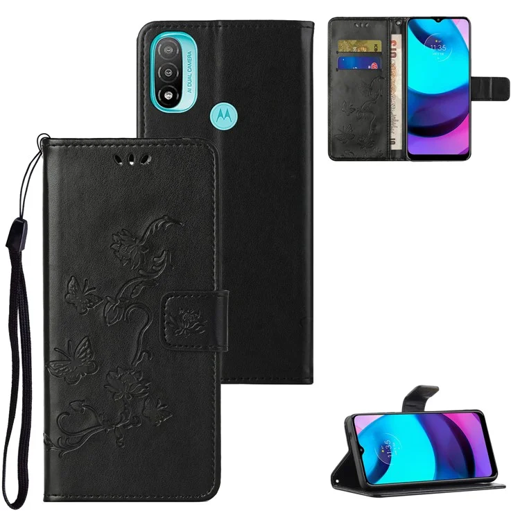Imprinted Butterflies Flower PU Leather Scratch-resistant Wallet Function Phone Case Stand Shell for Motorola Moto G71 5G - Black