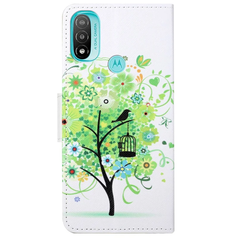 Stand Feature Pattern Printing Wallet Phone Case Cross Texture PU Leather Flip Magnetic Cover for Motorola Moto E20 / Moto E30 / Moto E40 - Green Tree