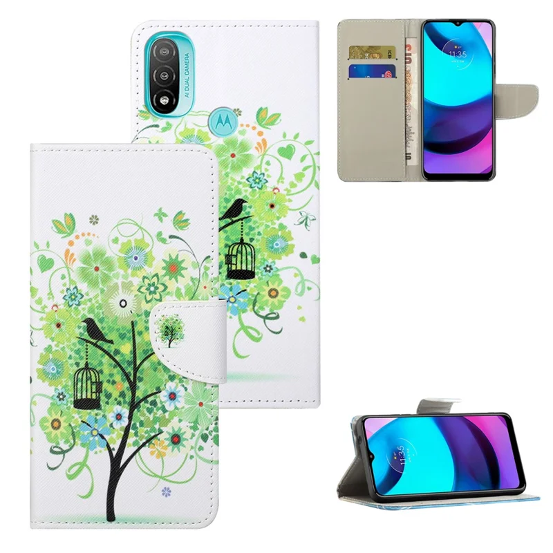 Stand Feature Pattern Printing Wallet Phone Case Cross Texture PU Leather Flip Magnetic Cover for Motorola Moto E20 / Moto E30 / Moto E40 - Green Tree
