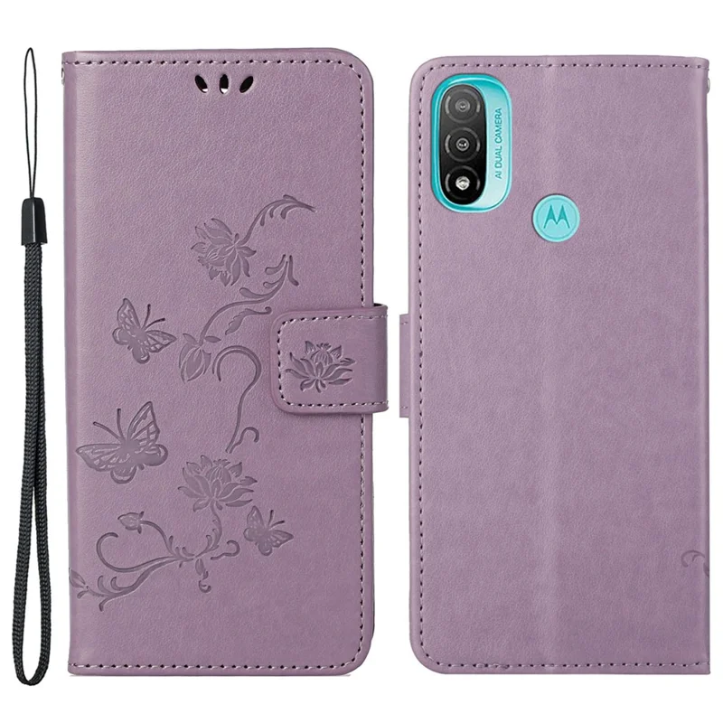 Fashionable Wallet Function Flip Imprinted Butterflies Flower PU Leather Scratch-resistant Phone Case Stand Shell for Motorola Moto E20 / E30 / E40 - Purple