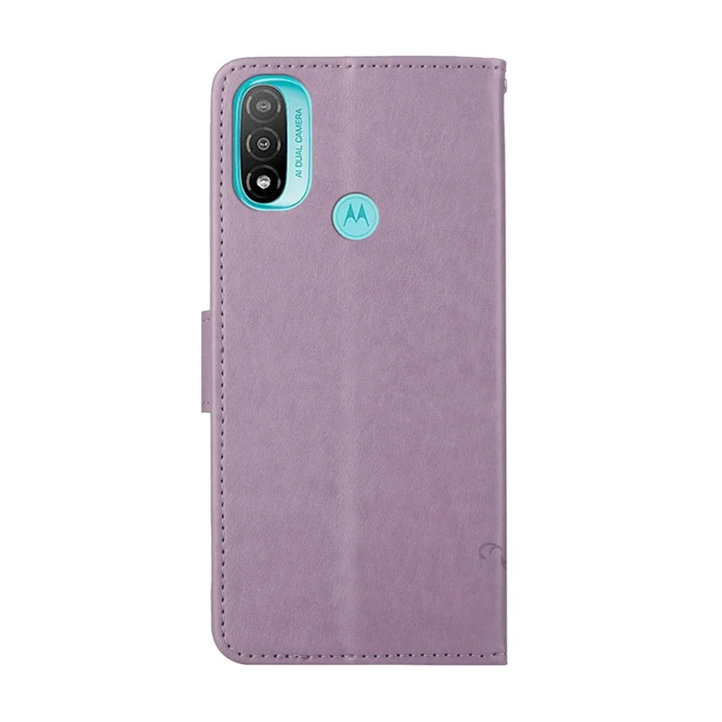 Fashionable Wallet Function Flip Imprinted Butterflies Flower PU Leather Scratch-resistant Phone Case Stand Shell for Motorola Moto E20 / E30 / E40 - Purple