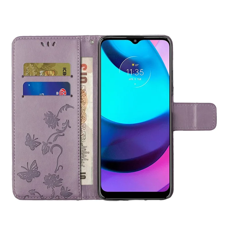 Fashionable Wallet Function Flip Imprinted Butterflies Flower PU Leather Scratch-resistant Phone Case Stand Shell for Motorola Moto E20 / E30 / E40 - Purple