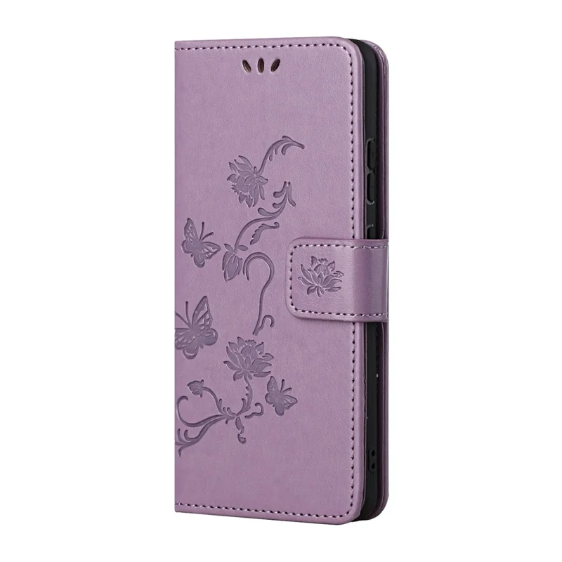 Fashionable Wallet Function Flip Imprinted Butterflies Flower PU Leather Scratch-resistant Phone Case Stand Shell for Motorola Moto E20 / E30 / E40 - Purple