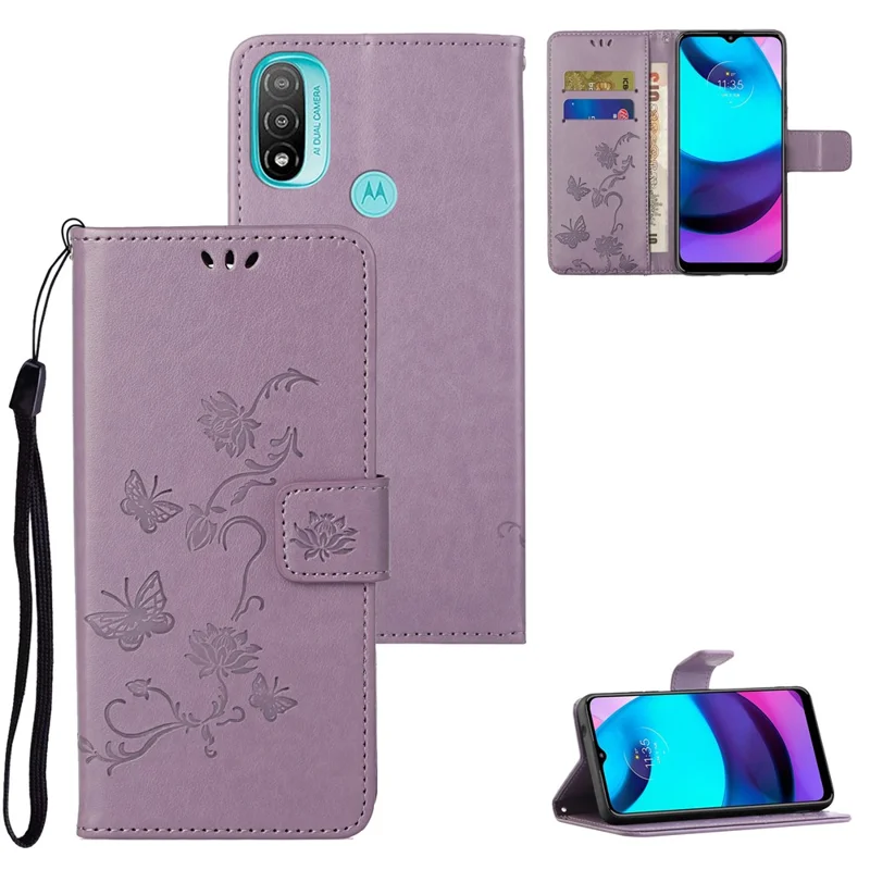 Fashionable Wallet Function Flip Imprinted Butterflies Flower PU Leather Scratch-resistant Phone Case Stand Shell for Motorola Moto E20 / E30 / E40 - Purple