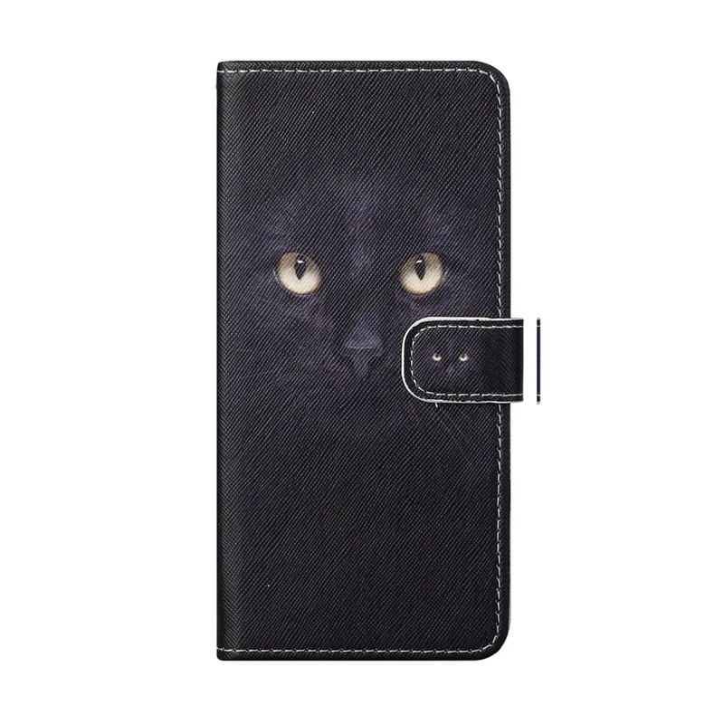Cross Texture PU Leather Wallet Stand Case Pattern Printing Magnetic Flip Folio Cover with Strap for Motorola Moto E20 / Moto E30 / Moto E40 - Cat's Eye