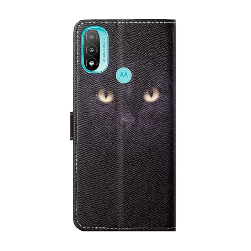 Cross Texture PU Leather Wallet Stand Case Pattern Printing Magnetic Flip Folio Cover with Strap for Motorola Moto E20 / Moto E30 / Moto E40 - Cat's Eye