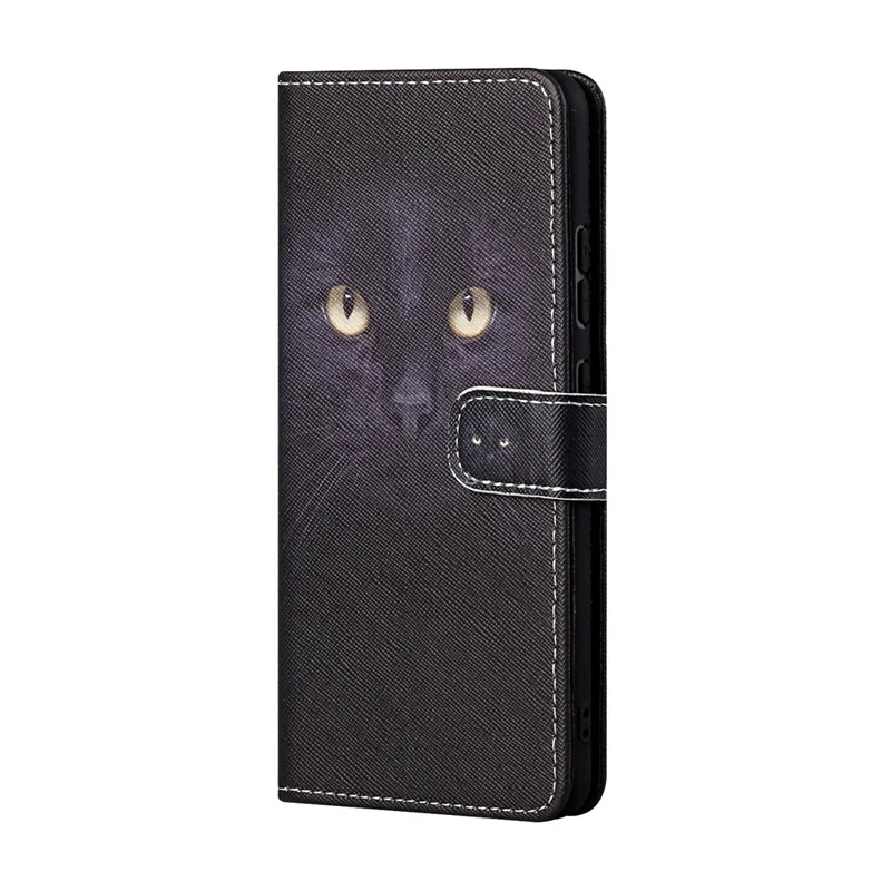 Cross Texture PU Leather Wallet Stand Case Pattern Printing Magnetic Flip Folio Cover with Strap for Motorola Moto E20 / Moto E30 / Moto E40 - Cat's Eye