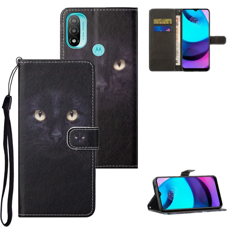 Cross Texture PU Leather Wallet Stand Case Pattern Printing Magnetic Flip Folio Cover with Strap for Motorola Moto E20 / Moto E30 / Moto E40 - Cat's Eye