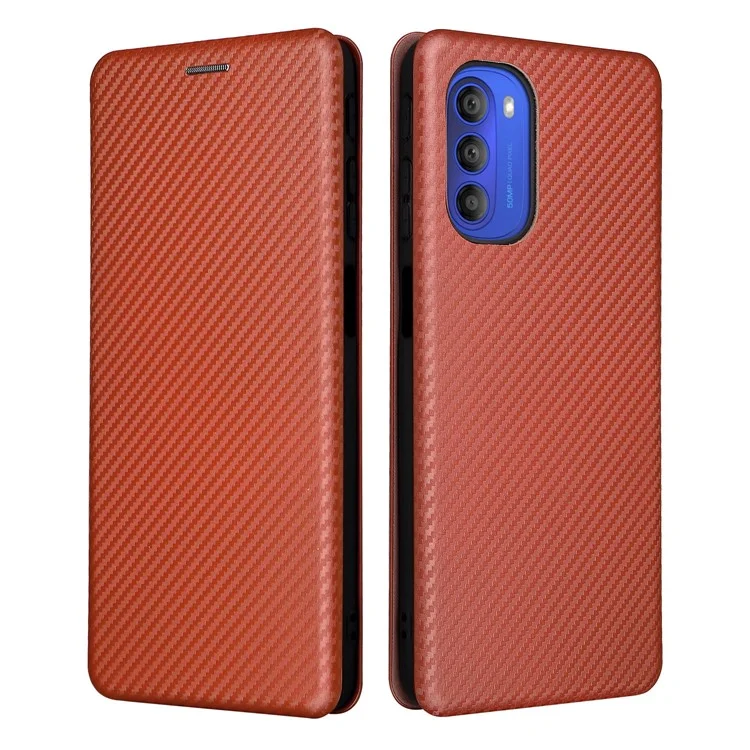 Étui portefeuille pour téléphone portable en cuir PU avec texture en fibre de carbone, anneau de support et fente pour carte pour Motorola Moto G51 5G - Orange