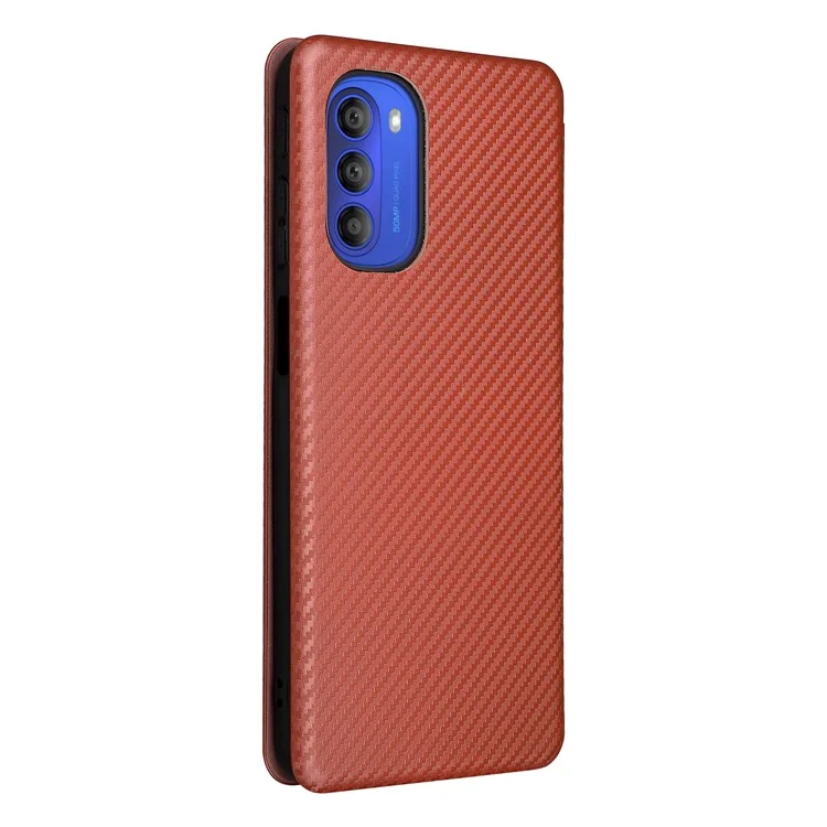 Étui portefeuille pour téléphone portable en cuir PU avec texture en fibre de carbone, anneau de support et fente pour carte pour Motorola Moto G51 5G - Orange