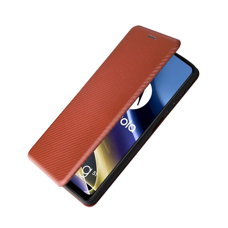 Étui portefeuille pour téléphone portable en cuir PU avec texture en fibre de carbone, anneau de support et fente pour carte pour Motorola Moto G51 5G - Orange