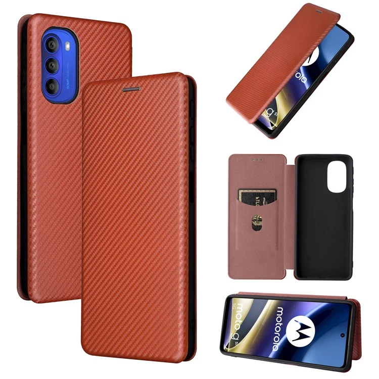Étui portefeuille pour téléphone portable en cuir PU avec texture en fibre de carbone, anneau de support et fente pour carte pour Motorola Moto G51 5G - Orange