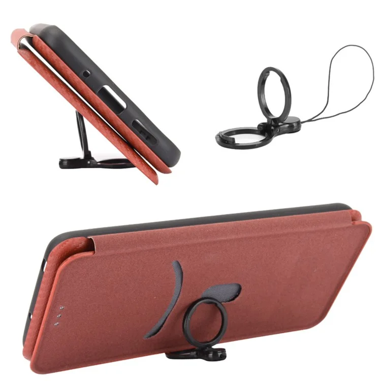 Étui portefeuille pour téléphone portable en cuir PU avec texture en fibre de carbone, anneau de support et fente pour carte pour Motorola Moto G51 5G - Orange