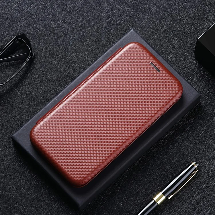 Étui portefeuille pour téléphone portable en cuir PU avec texture en fibre de carbone, anneau de support et fente pour carte pour Motorola Moto G51 5G - Orange