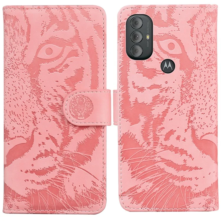 Capa de Carteira Tipo Folio para Celular Stand Imprimi com Padrão de Tigre em Couro para Motorola Moto G Power (2022) - Rosa