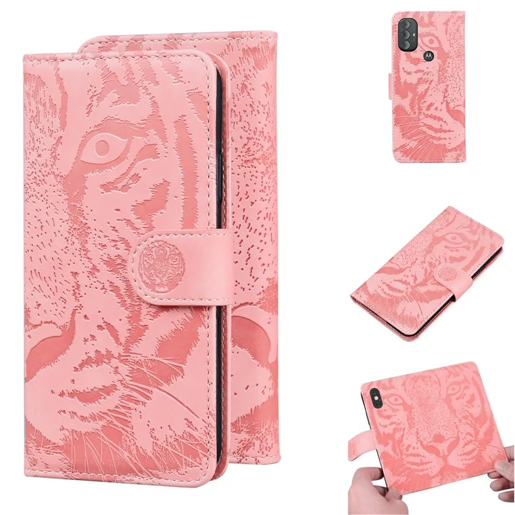 Capa de Carteira Tipo Folio para Celular Stand Imprimi com Padrão de Tigre em Couro para Motorola Moto G Power (2022) - Rosa