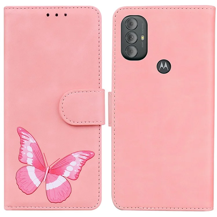 Capa Flip de Couro PU + Capa de TPU Bem Protegida Sensação de Toque da Pele Impressão de Borboleta Capa de Telefone com Suporte e Carteira para Motorola Moto G Power (2022) - Rosa