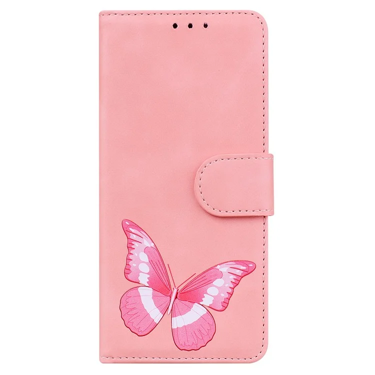 Capa Flip de Couro PU + Capa de TPU Bem Protegida Sensação de Toque da Pele Impressão de Borboleta Capa de Telefone com Suporte e Carteira para Motorola Moto G Power (2022) - Rosa