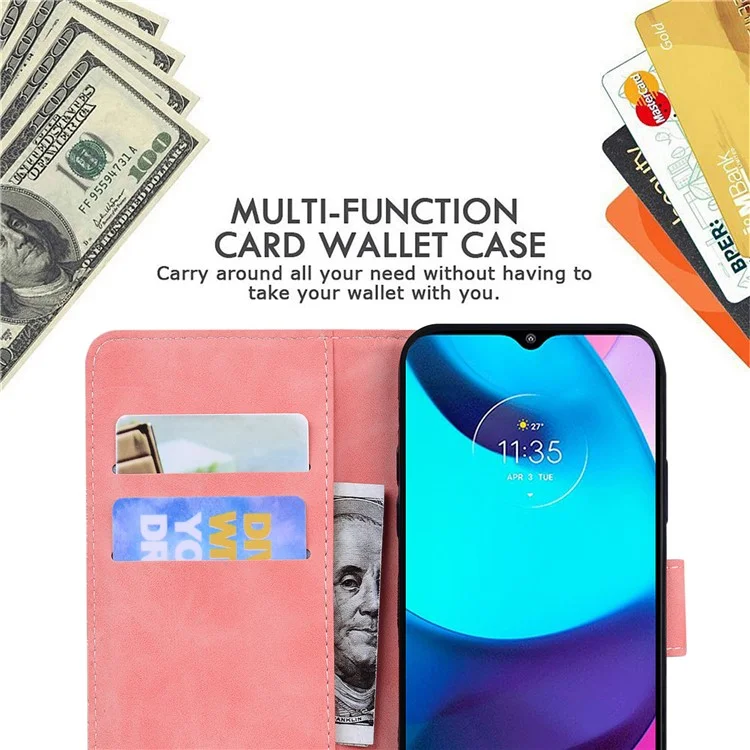 Capa Flip de Couro PU + Capa de TPU Bem Protegida Sensação de Toque da Pele Impressão de Borboleta Capa de Telefone com Suporte e Carteira para Motorola Moto G Power (2022) - Rosa