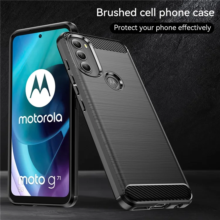 Super Flexible TPU Case Carbon Fiber Texture Brushed Surface Phone Cover with Shock-Absorbed Buffer for Motorola Moto G71 5G - Black