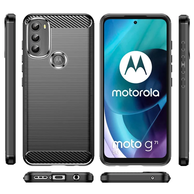 Super Flexible TPU Case Carbon Fiber Texture Brushed Surface Phone Cover with Shock-Absorbed Buffer for Motorola Moto G71 5G - Black