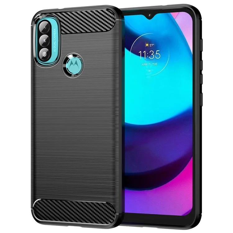 1.8mm Custodia per telefono in fibra di carbonio con superficie spazzolata e ammortizzatore ad aria TPU per Motorola Moto E40/E30/E20 - Nero