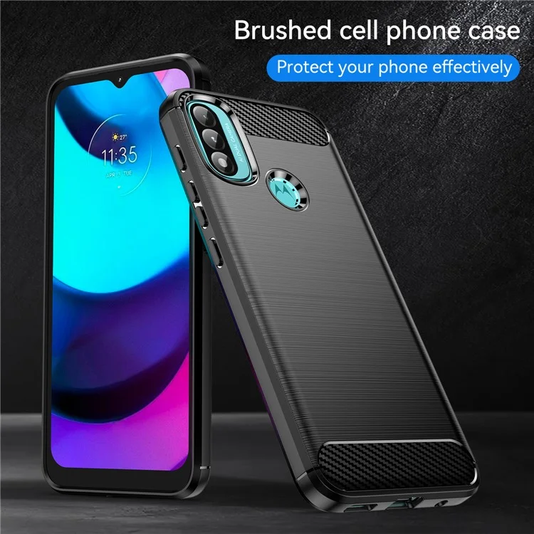 1.8mm Custodia per telefono in fibra di carbonio con superficie spazzolata e ammortizzatore ad aria TPU per Motorola Moto E40/E30/E20 - Nero
