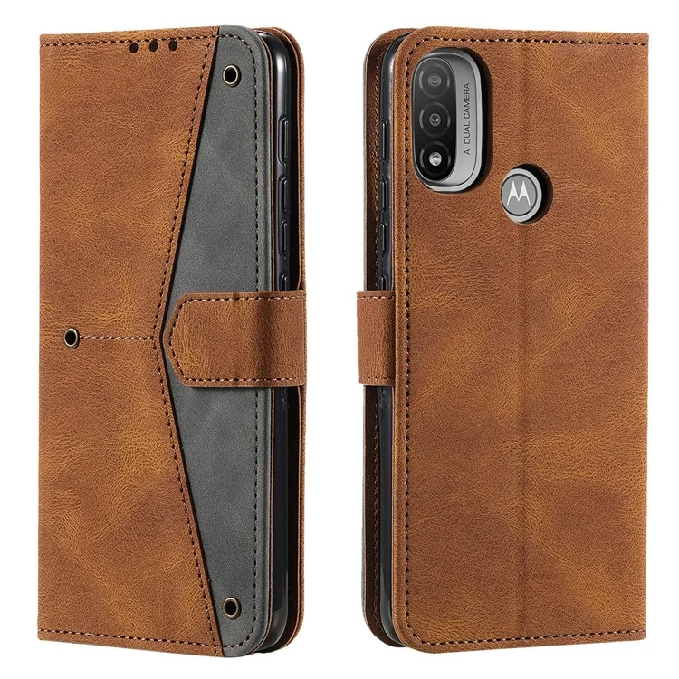 Coux de Surface D'épissage en Cuir PU en Cuir PU et TPU Téléphone Flip Case Skin-touch Stand Portefeuille Téléphone Couverture de Protection Pour Motorola Moto E20 / E30 / E40 - Brun