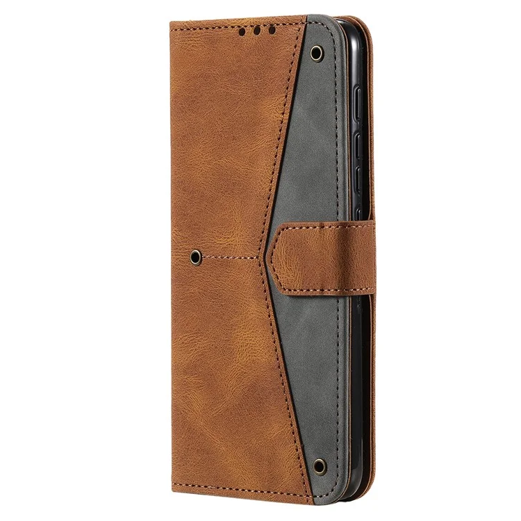 Coux de Surface D'épissage en Cuir PU en Cuir PU et TPU Téléphone Flip Case Skin-touch Stand Portefeuille Téléphone Couverture de Protection Pour Motorola Moto E20 / E30 / E40 - Brun
