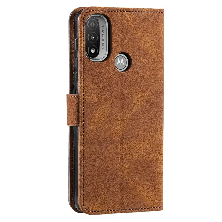 Coux de Surface D'épissage en Cuir PU en Cuir PU et TPU Téléphone Flip Case Skin-touch Stand Portefeuille Téléphone Couverture de Protection Pour Motorola Moto E20 / E30 / E40 - Brun