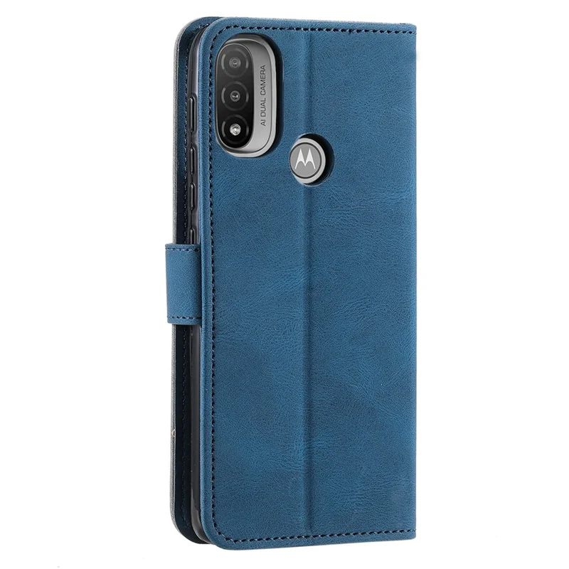 Stitching Surface Splicing Style PU Leather and TPU Phone Flip Case Skin-touch Stand Wallet Phone Protective Cover for Motorola Moto E20/E30/E40 - Blue