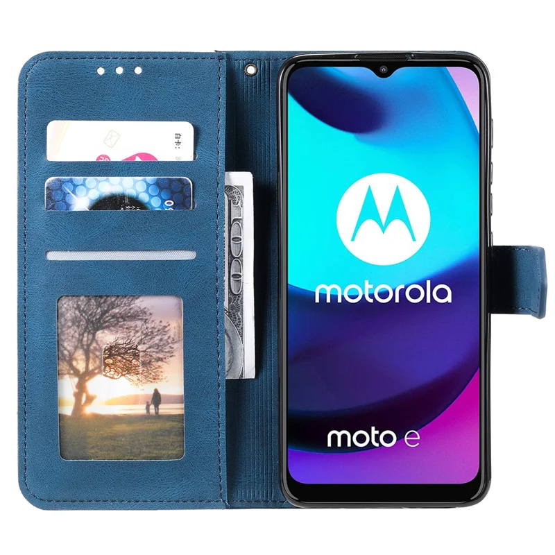 Stitching Surface Splicing Style PU Leather and TPU Phone Flip Case Skin-touch Stand Wallet Phone Protective Cover for Motorola Moto E20/E30/E40 - Blue