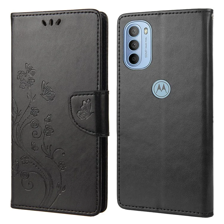 Cell Phone Case Stylish Imprint Butterflies Leather Phone Covering Practical Wallet Stand Shell for Motorola Moto G51 5G - Black