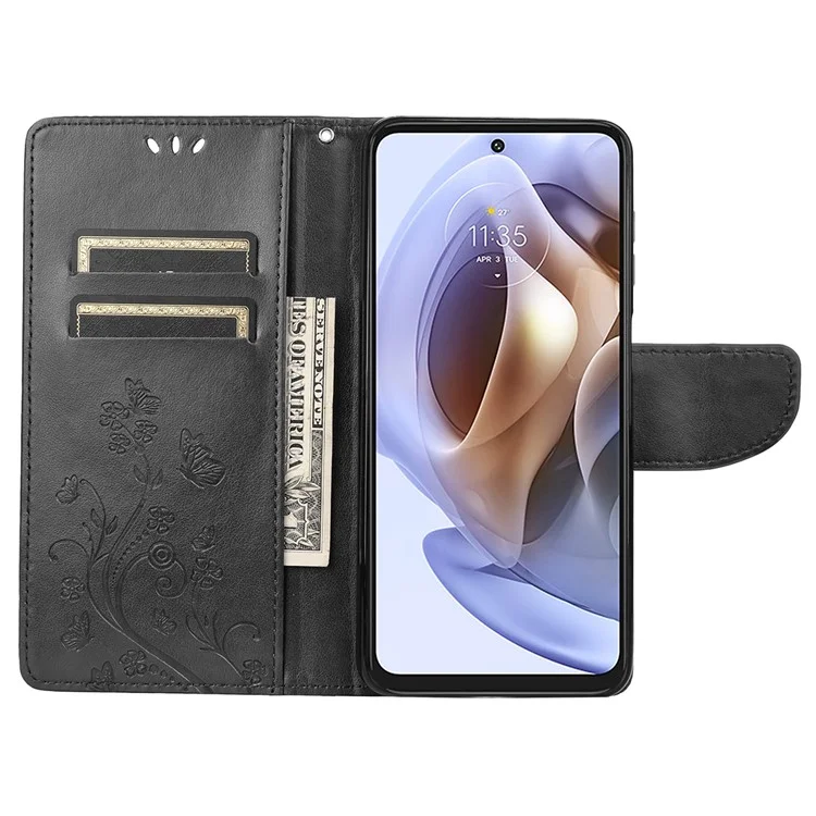 Cell Phone Case Stylish Imprint Butterflies Leather Phone Covering Practical Wallet Stand Shell for Motorola Moto G51 5G - Black