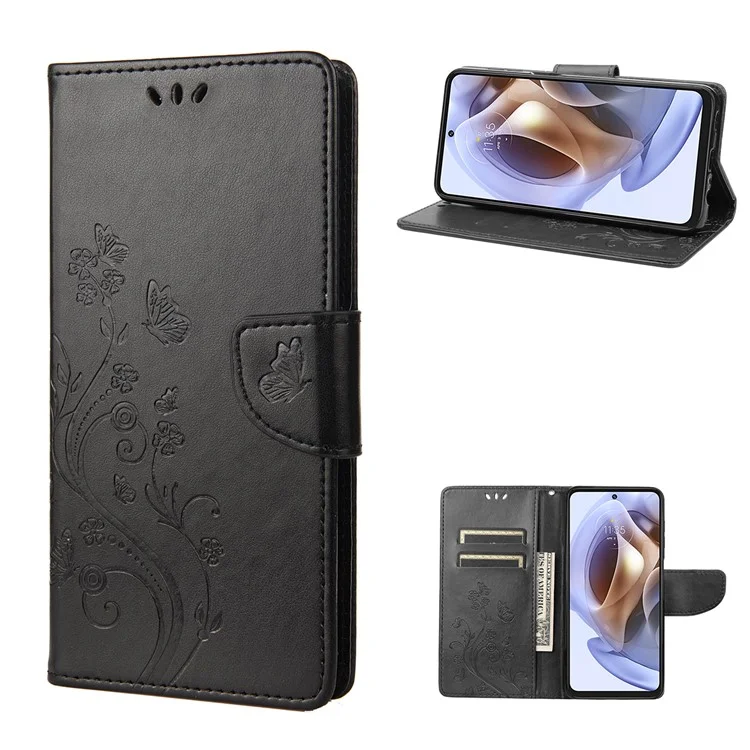 Cell Phone Case Stylish Imprint Butterflies Leather Phone Covering Practical Wallet Stand Shell for Motorola Moto G51 5G - Black