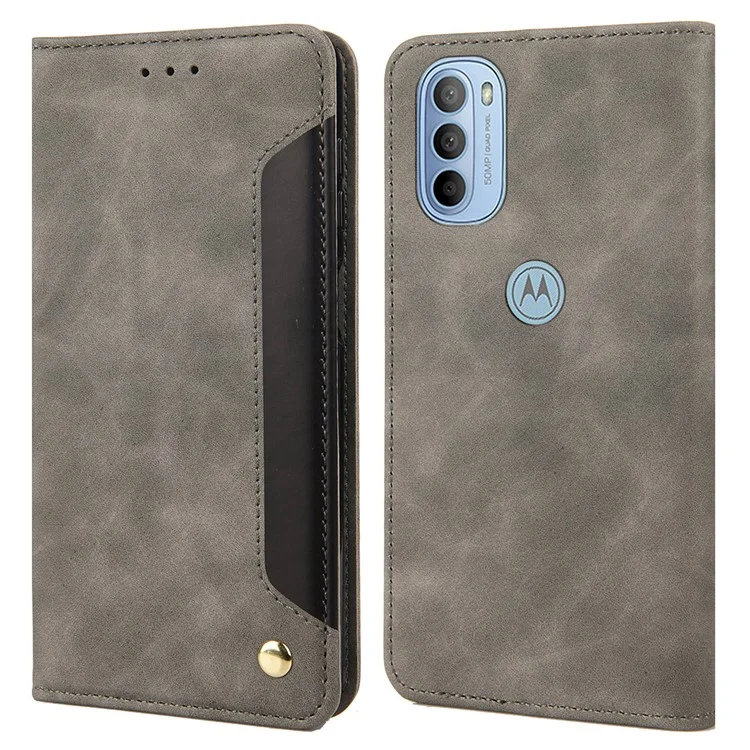 Smartphone Case Shockproof Wallet Phone Stand Cover Anti-dust Splicing PU Leather Shell for Motorola Moto G51 5G - Grey