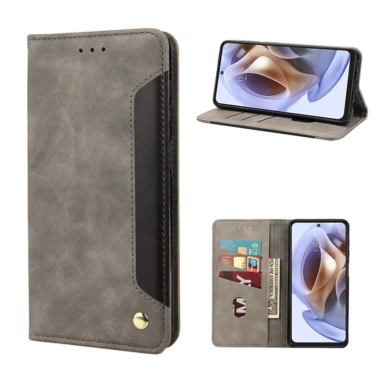 Smartphone Case Shockproof Wallet Phone Stand Cover Anti-dust Splicing PU Leather Shell for Motorola Moto G51 5G - Grey