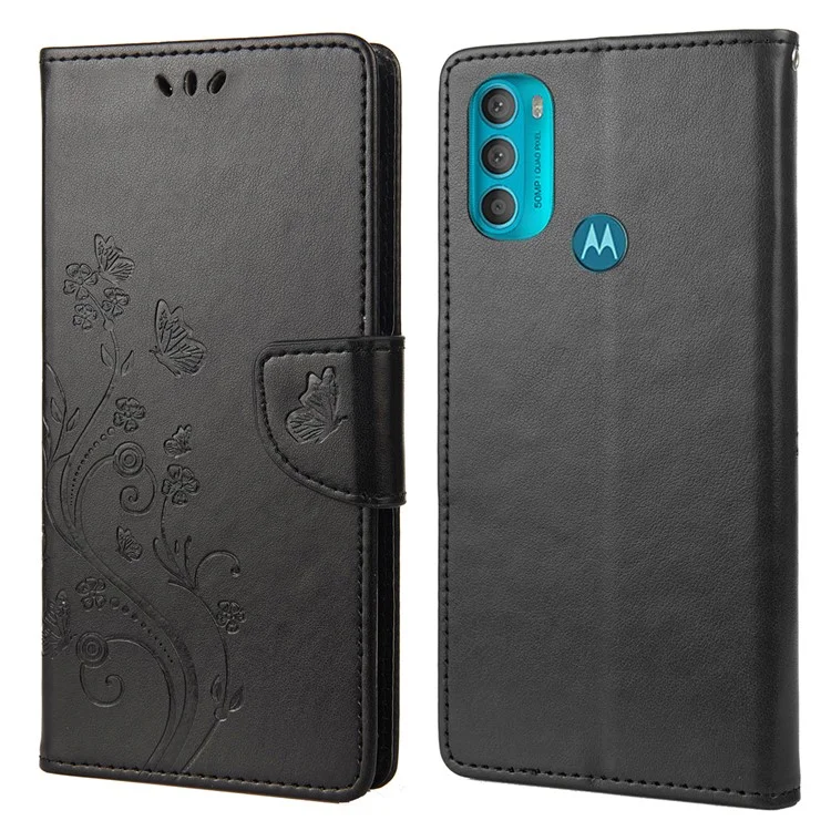 PU Leather Phone Covering Smartphone Case Stylish Imprint Butterflies Practical Wallet for Motorola Moto G71 5G - Black