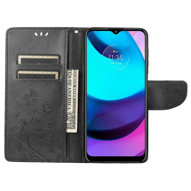 PU Leather Phone Covering Smartphone Case Stylish Imprint Butterflies Practical Wallet for Motorola Moto G71 5G - Black
