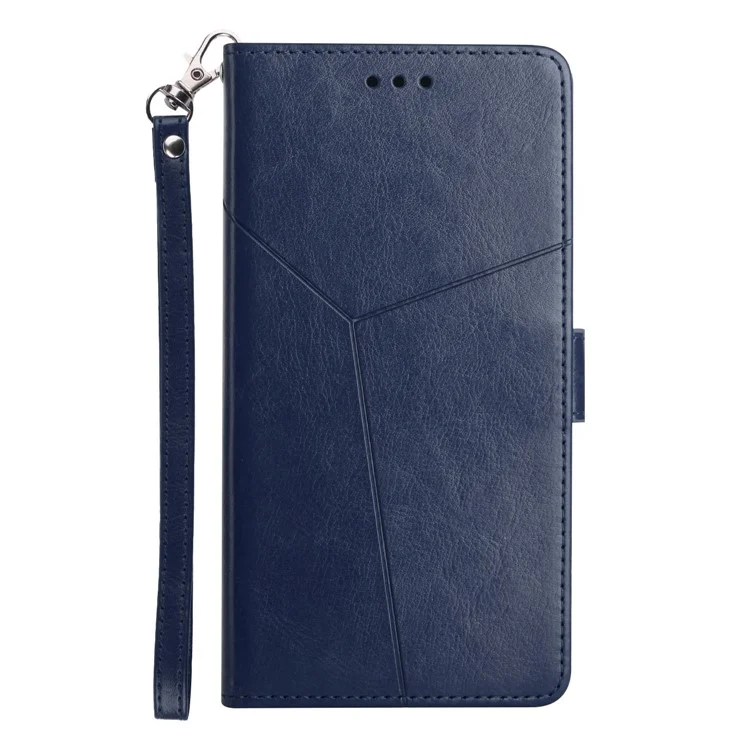 PU Leather Anti-fingerprint Y-shaped Lines Imprinting Soft TPU Inner Shell Phone Cover with Wallet Stand Feature for Motorola Edge X30 - Blue