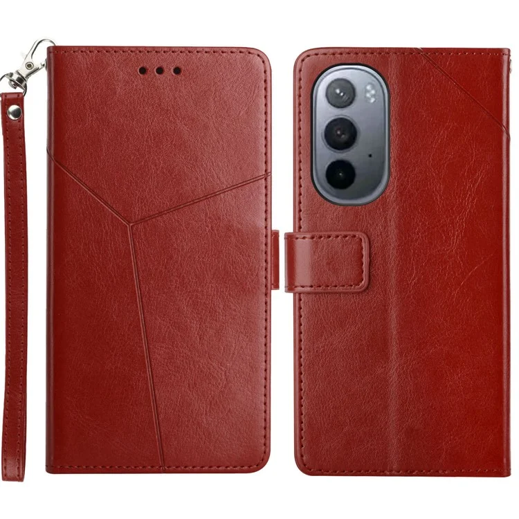 Linhas em Forma de Y-fingerprint em Couro PU Imprimindo a Tampa do Telefone da Concha Interna de TPU Macio Com Característica da Carteira Para Motorola Edge X30 - Castanho