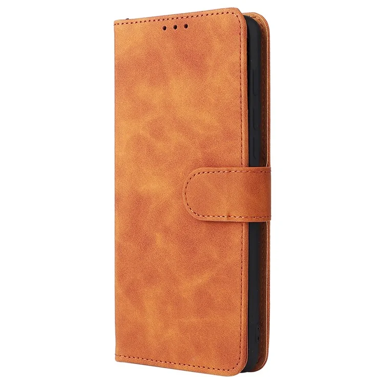 Skin-touch Feeling PU Leather Wallet Case Stand Function Shockproof Soft TPU Phone Cover for Motorola Moto G71 5G - Brown