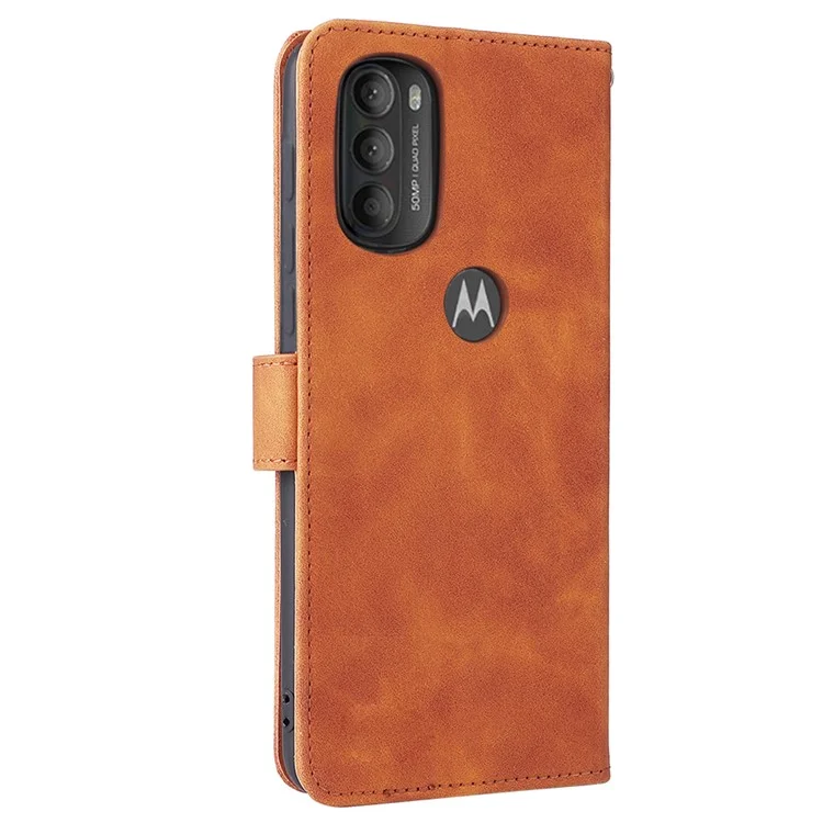 Skin-touch Feeling PU Leather Wallet Case Stand Function Shockproof Soft TPU Phone Cover for Motorola Moto G71 5G - Brown