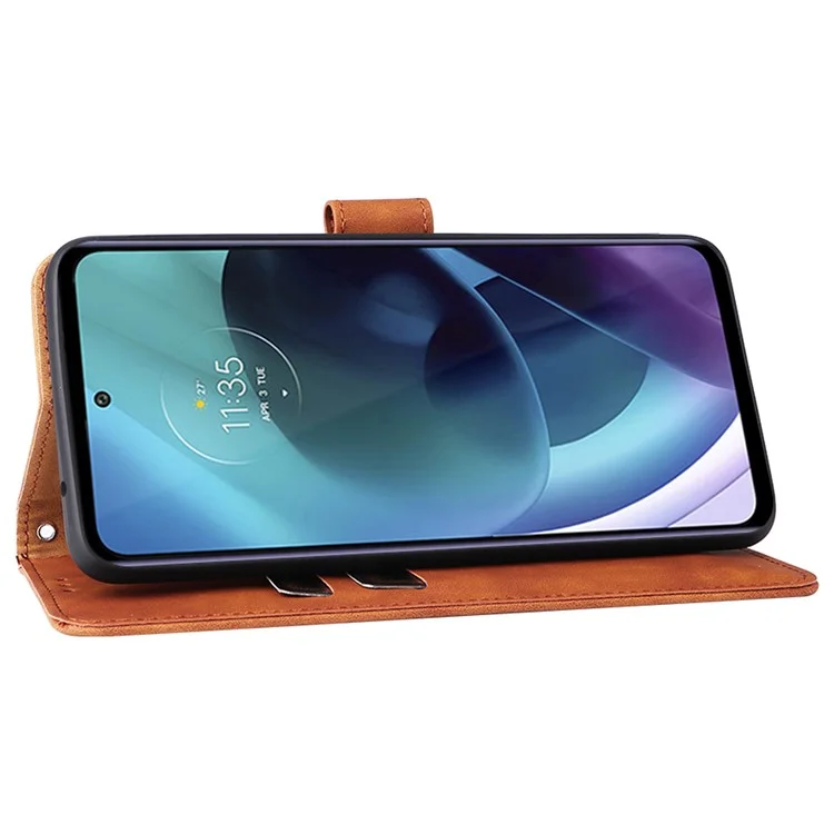 Skin-touch Feeling PU Leather Wallet Case Stand Function Shockproof Soft TPU Phone Cover for Motorola Moto G71 5G - Brown